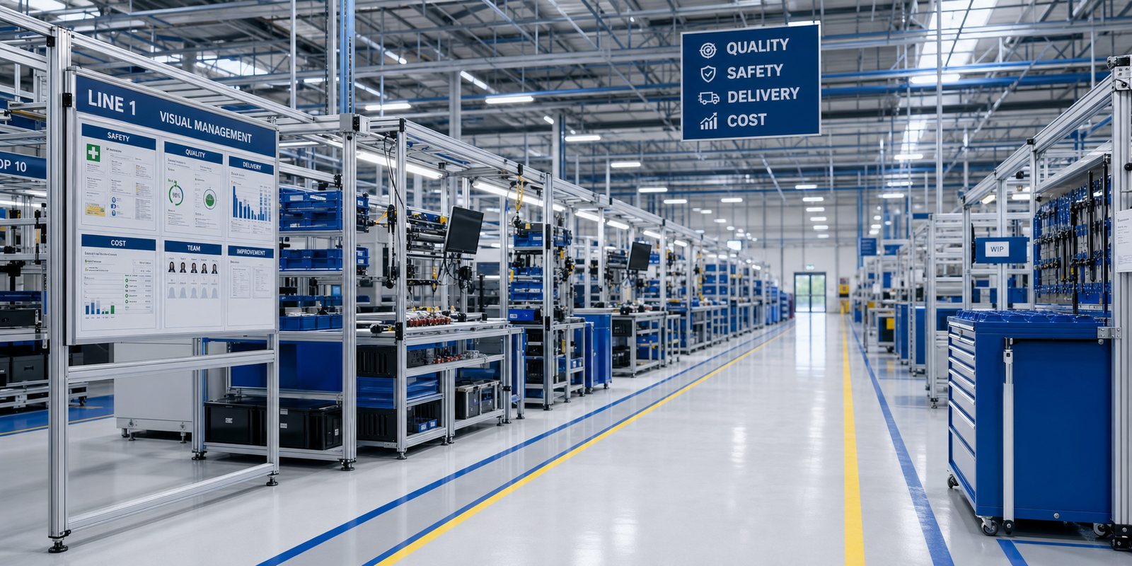 A modern lean manufacturing shop floor with visual management boards and aluminium-profile workstations